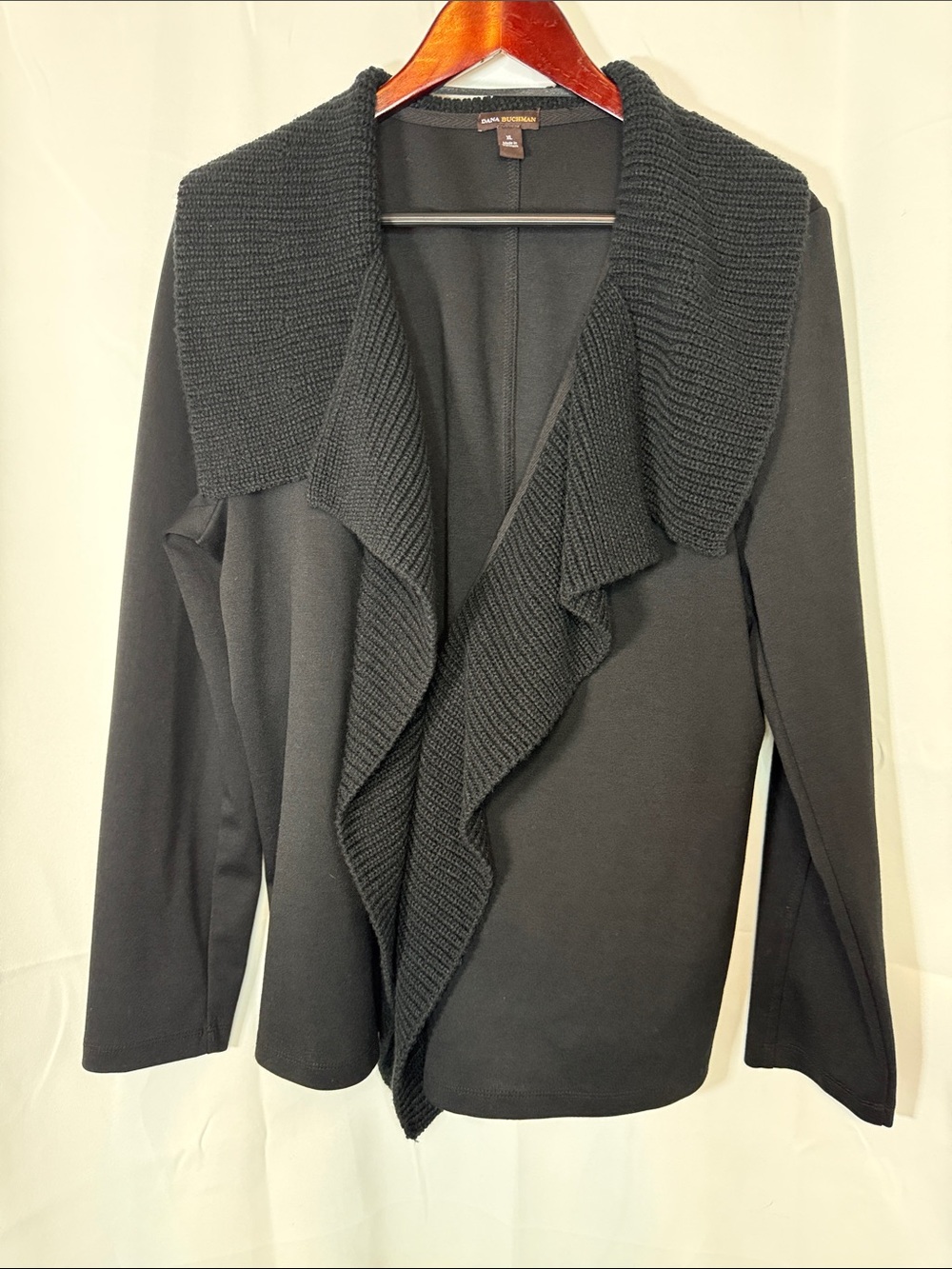 Dana Buchman Black Ruffle-Front Cardigan with Textured Collar